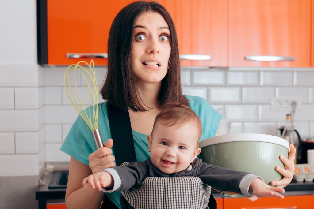 Mom Overwhelmed Trying to Cook with Baby