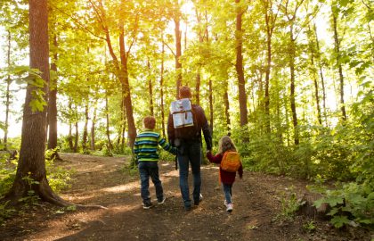 Father,And,Two,Kids,With,Backpack,Hiking,In,Forest.,Social